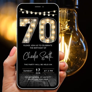 Convite para festa de 70 anos para homens, convite para adultos, convite eletrônico para ele, convite com número de letreiro, convite digital, Evite