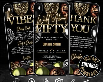 Digital 50th Birthday Invitation Template & Thank You Card, Editable Leopard Print Flyer 50th Birthday Party Invite Wild About Fifty Evite