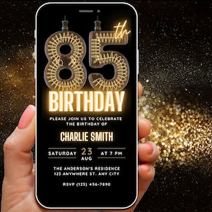 Faire-part numérique 85e anniversaire pour homme, 85e anniversaire pour lui, modèle d'invitation unique pour adulte, carte d'invitation rétro Evite, téléphone texte