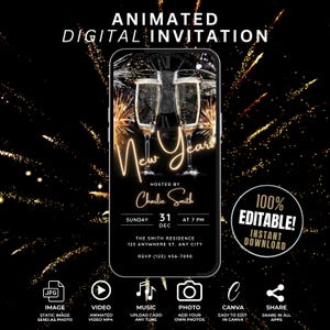 May include: A digital invitation for a New Year's Eve party with a gold and black color scheme. The invitation features a smartphone screen with a graphic of two champagne glasses and fireworks. The text on the invitation reads "New Years", "Hosted by Charlie Smith", "Sunday, December 31st at 7 PM", "The Smith Residence, 123 Anywhere St., Any City", and "RSVP (123) 456-7890". The invitation also includes a 100% editable and instant download option.