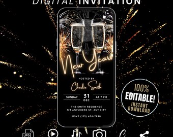Könnte beinhalten: Eine digitale Einladung zu einer Silvesterparty in Gold und Schwarz. Die Einladung zeigt einen Smartphone-Bildschirm mit einer Grafik von zwei Champagnergläsern und Feuerwerk. Der Text auf der Einladung lautet "Silvester", "Veranstaltet von Charlie Smith", "Sonntag, 31. Dezember um 19:00 Uhr", "The Smith Residence, 123 Anywhere St., Any City", und "RSVP (123) 456-7890". Die Einladung bietet außerdem eine 100%ig bearbeitbare und sofort herunterladbare Option.