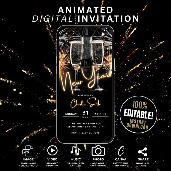 New Years Eve Party Invitation, Animated Digital NYE Party Invite, New Years Invitation, NYE Celebration invite template, NYE Party invite
