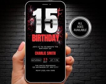 Boys 15th Birthday Invitation Silver Red 15 Year Old Birthday Video Invite, Editable Digital Download Canva Template, 15th Bday Party Evite