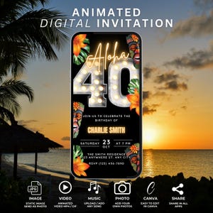 Convite de aniversário de 40 anos Aloha, convite animado para 40 anos, convite para olá 40 anos, convite para festa tropical Tiki para homens, convite para churrasco de aniversário para celular