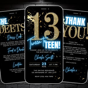 Animated Tween To Teen Invitation Template, Digital Blue 13th Birthday Party Invite for Girls or Boys, 13 Evite, Itinerary & Thank You eCard