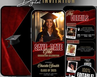 Digital Graduation Party Invite Itinerary Template, Animated Editable Red & Black Grad Party Invitation, Save The Date Party Flyer Evite