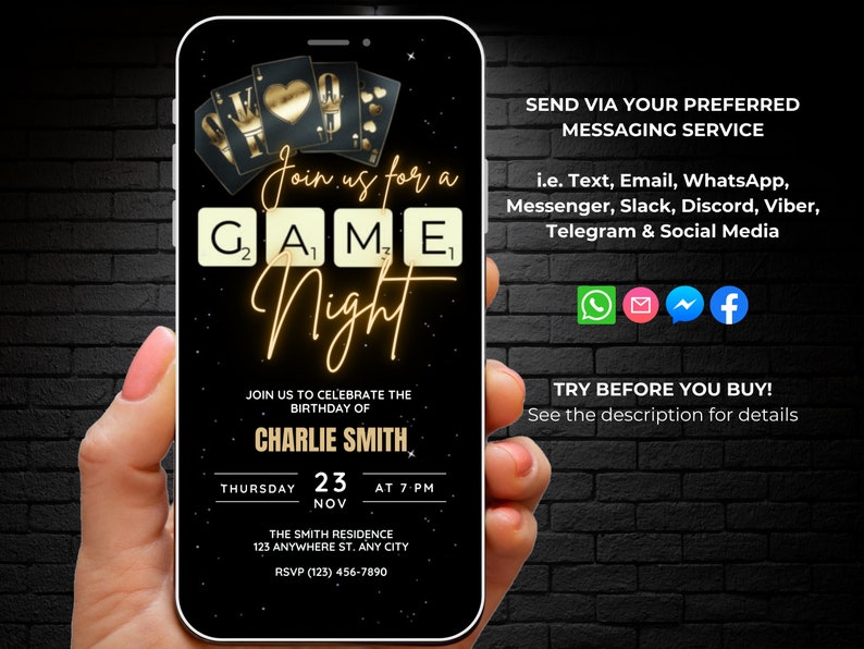 Animated Game Night Invitation for Adults, Family Game Night Party Invite, Cards Invite
