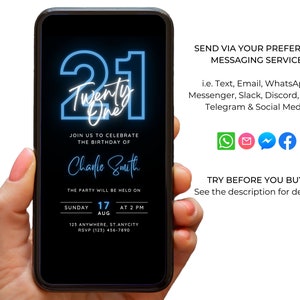 May include: A digital invitation for a 21st birthday party. The invitation features a neon blue number 21 with the words "Twenty One" written in white. The invitation is for Charlie Smith and the party will be held on Sunday, 17th August at 2 PM. The invitation includes the address and RSVP information. The invitation also includes icons for various messaging services, such as WhatsApp, Facebook, and email.