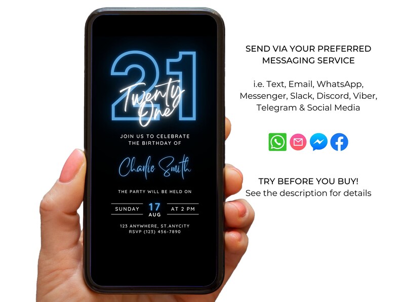 May include: A digital invitation for a 21st birthday party. The invitation features a neon blue number 21 with the words "Twenty One" written in white. The invitation is for Charlie Smith and the party will be held on Sunday, 17th August at 2 PM. The invitation includes the address and RSVP information. The invitation also includes icons for various messaging services, such as WhatsApp, Facebook, and email.
