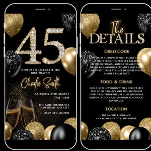 Animated 45th Birthday Invitation for Women, 45th surprise party digital Invite, 45th Anniversary Evite, Shh its a surprise 45th celebration