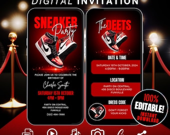 Animated Red Sneaker Ball Party Invitation Boys, Self Edit Got Em Invite, Digital Lets Kick It Sneakerball Flyer Mobile Phone Video Evite