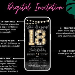 May include: A digital invitation for an 18th birthday party with a rustic wood background and string lights. The invitation features the text "Shhh... it's a surprise!" and "Join us to celebrate Charles Birthday".