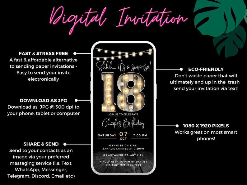 May include: A digital invitation for an 18th birthday party with a rustic wood background and string lights. The invitation features the text "Shhh... it's a surprise!" and "Join us to celebrate Charles Birthday".
