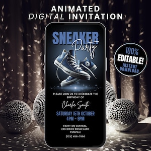 May include: A digital invitation for a sneaker party with a blue and white sneaker design. The invitation includes the text "Sneaker Party", "Please join us to celebrate the birthday of Charlie Smith", "Saturday 15th October 4PM-9PM", "Party on Central, 456 Disco Boulevard Funville (123) 456-7890", and "100% Editable! Instant Download".