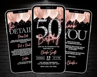 Womens 50th Birthday Invite, Rose Gold 50th Birthday Party Invitation for Girls, Editable 50 Fifty Video Evite, Details & Thank You eCard