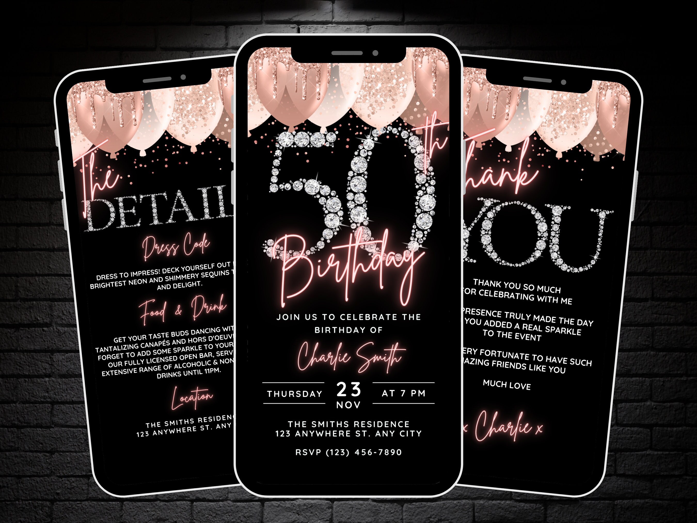 Womens 50th Birthday Invite, Rose Gold 50th Birthday Party Invitation for Girls, Editable 50 Fifty Video Evite, Details & Thank You eCard