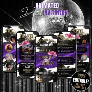 May include: Animated digital invitation for a bachelorette party with a western theme. The invitation features a purple and gold design with a cowhide pattern. The text on the invitation reads "Let's Go Girls Saddle Up!" and "Charlie's Last Rodeo". The invitation also includes a travel details section, a deposit amount, and a total cost.