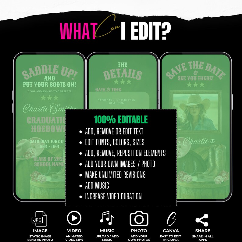May include: A green and white digital invitation template for a graduation party with a western theme. The template features a cowboy hat, boots, and a saddle. The text on the template reads "Saddle Up! And Put Your Boots On!" and "Charlie Smith Graduation Hoedown". The template is 100% editable and includes options to add, remove, or edit text, edit fonts, colours, and sizes, add, remove, or reposition elements, add your own images or photos, make unlimited revisions, add music, and increase video duration.