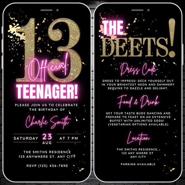 Animated Official Teenager Invite, 13th Birthday Invitation for Girls, Pink & Gold Video Invite Digital 13th Bday Party Evite Template Canva