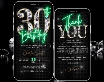 Animated 30th Birthday Invitation for Women, Diamond Invitation 30th Birthday Invite Digital Template, Thirty Video Invite & Thank You eCard