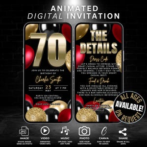 Plantilla digital de invitación en video para el 70.° cumpleaños, globo rojo, negro y dorado editable, invitación para fiesta del 70.° cumpleaños con detalles