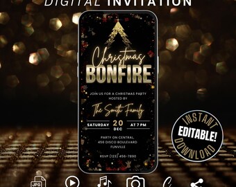 Digital Bonfire Christmas Party Invitation Template, Self Edit Backyard Christmas Bonfire Party Invite, Christmas Cookout Evite, Xmas Invite