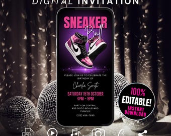 Invitación digital para fiesta de Sneaker Ball rosa para niñas, video de invitación de cumpleaños de Sneaker Ball autoeditable, folleto digital de Sneaker Ball