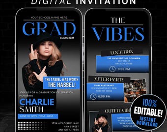 May include: A digital invitation for a graduation celebration. The invitation features a black background with blue and white text. The text includes the words "GRAD", "THE VIBES", "Charlie Smith", and "June 18, 2025 | 3PM-6PM".