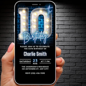 Boys 10th Birthday Invitation Digital Template Download, Neon Blue 10 th Birthday Invite for him 10 year old Bday Evite White Marquee Lights