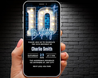 Modello digitale da scaricare per invito di compleanno per ragazzi del 10° compleanno, invito di compleanno per lui del 10° compleanno blu neon, invito di compleanno per bambini di 10 anni, luci bianche per tendone