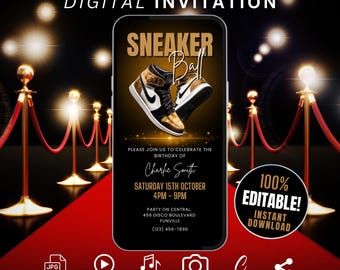 Invitación a fiesta de Sneakerball digital, video de invitación "Get Em" autoeditado, folleto de Sneakerball digital Let's Kick It, Nike Evite Gold electrónico