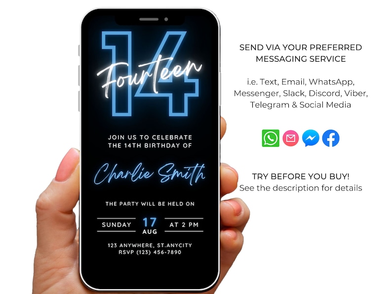 May include: A smartphone screen shows a digital invitation for a 14th birthday. The design features the word "Fourteen" in a neon blue font, the name "Charlie Smith", and party details. The phone is held against a white background.
