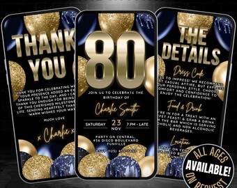 Digital 80th Birthday Invitation for Men, Editable 80 Invitation with Details & Thank You eCard, 80th Birthday Party Invite, Eighty 80 Evite