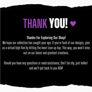 Peut inclure: Fond noir avec texte blanc et violet. Le texte dit "THANK YOU!" et "Thanks for Exploring Our Shop!". Le message remercie les clients et les invite &agrave; contacter la boutique pour toute question.