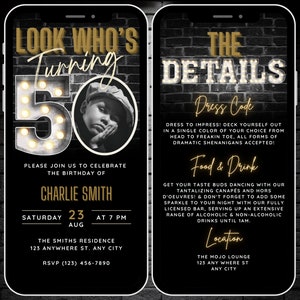 Mens 50th Birthday Invitation with Photo, Look Who&#39;s Turning 50, Digital 50th Invite Template, fifty Party Evite, Phone Invite & Details