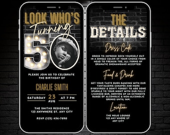 Mens 50th Birthday Invitation with Photo, Look Who's Turning 50, Digital 50th Invite Template, fifty Party Evite, Phone Invite & Details