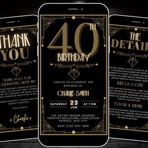 Invito per una festa a tema Gatsby degli anni '20, modello di invito per compleanno in stile Art Déco, itinerario digitale per evitare il 40° compleanno del cellulare e biglietto di ringraziamento