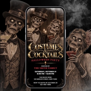 Puede incluir: Una invitación digital para una fiesta de Halloween Costumes & Cocktails con dos figuras esqueléticas con ropa vintage sosteniendo cócteles. El texto incluye detalles del evento, fecha, hora, ubicación en The Black Rose, 123 Mercer Street.