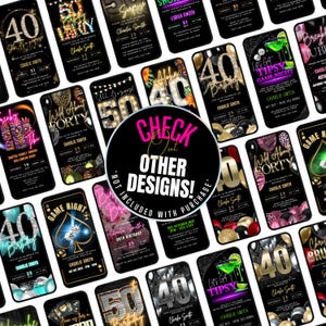 May include: A collage of digital phone invitations for a 40th birthday party. The invitations feature various themes, including neon lights, tropical, and game night. The text on the invitations reads "Let's Get Tipsy Game Night", "Wild About Forty", "Aloha", "Game Night", "Surprise", "Breakout & Bubbles", and "40th Birthday".