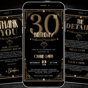 Invitation à une soirée sur le thème Gatsby des années 1920, modèle d'Invitation d'anniversaire Art déco, itinéraire numérique pour téléphone portable 30e anniversaire et carte de remerciement