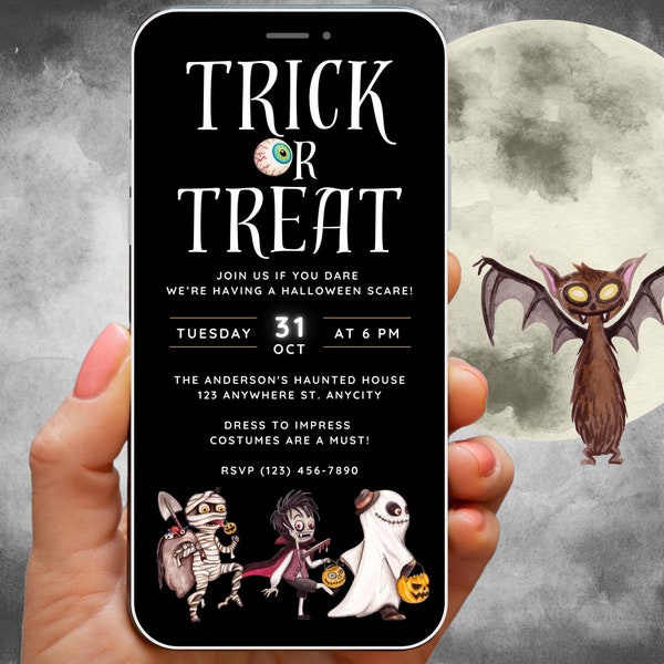Trick or Treat Invitations Halloween Digital Invite, Fun Halloween Party Invite for Kids, Editable Invite, Customisable Phone Invitation