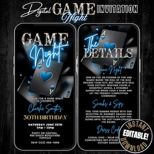 Digital Birthday Game Night Invitation Template, Animated Blue Black & Gold Poker Night Party Invite, Casino Game Night Flyer Editable