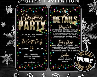 May include: Animated digital invitation for a Christmas party with a black background and colorful lights. The invitation includes the party details, dress code, food and drink, and location. The text reads "Christmas Party", "The Details", "Dress Code", "Food & Drink", and "Location".
