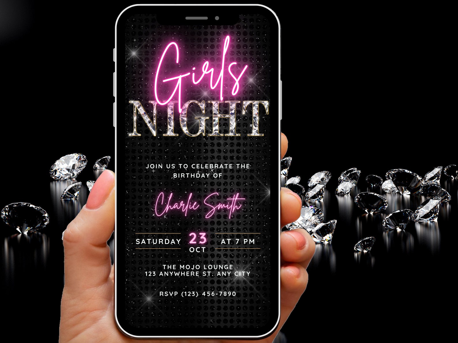 Glam Girls Night Out Digital Invitation, Fun Birthday Invite Neon Pink ...