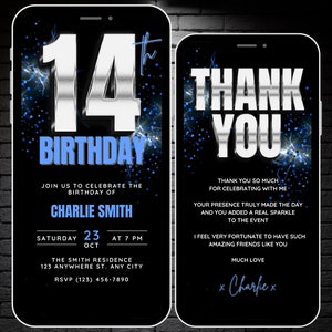 Faire-part pour 14e anniversaire de garçons, invitation à une fête d'anniversaire bleue animée de 14 ans, modèle de toile numérique modifiable, quatorze invitations et carte virtuelle de remerciement