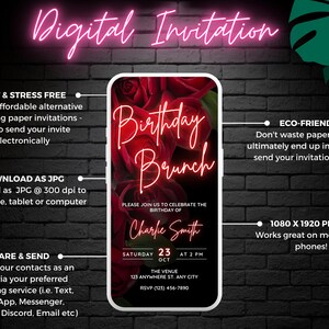 Pu&ograve; includere: Un invito digitale per un brunch di compleanno con uno sfondo di rose rosse. L'invito presenta il testo "Birthday Brunch" in lettere rosa neon e il nome "Charlie Smith" in lettere rosa. L'invito include la data, l'ora e la posizione dell'evento.