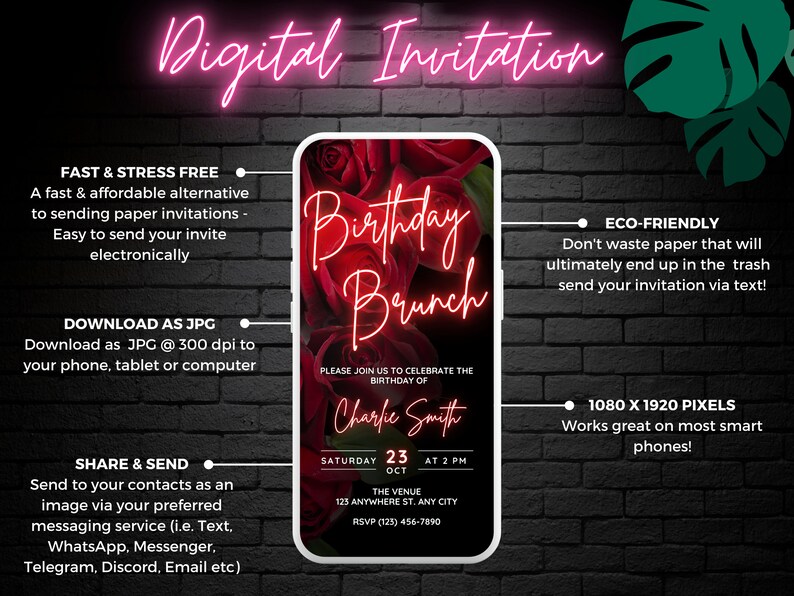 Pu&ograve; includere: Un invito digitale per un brunch di compleanno con uno sfondo di rose rosse. L'invito presenta il testo "Birthday Brunch" in lettere rosa neon e il nome "Charlie Smith" in lettere rosa. L'invito include la data, l'ora e la posizione dell'evento.