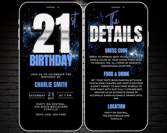 Animated 21st Birthday Party Invitation for Men, Silver & Blue 21 Birthday Boy Invite Video, Editable 21st Birthday Evite Itinerary Template