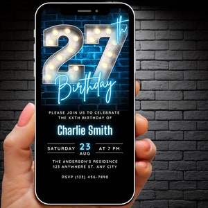Editable 27th Birthday Invitation for Men Digital Template, Adult Invites, Blue 27th Birthday Invite, 27 th Party Evite Modern Trendy Ecard