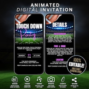Zaproszenie na imprezę Super Bowl, Animowane zaproszenie na imprezę z oglądaniem futbolu, Zaproszenie na futbol amerykański, Zaproszenie na wideo z telefonu, Niedziela Super Game
